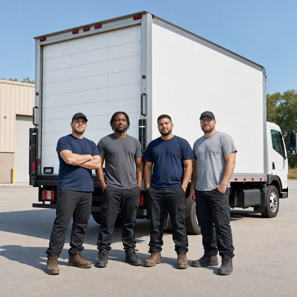 Four uniformed Odessa movers standing relaxed in front of a clean white commercial box truck at the depot