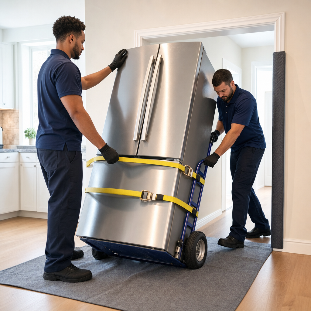 Two uniformed Odessa movers tilting a refrigerator onto an appliance dolly with straps in a kitchen doorway