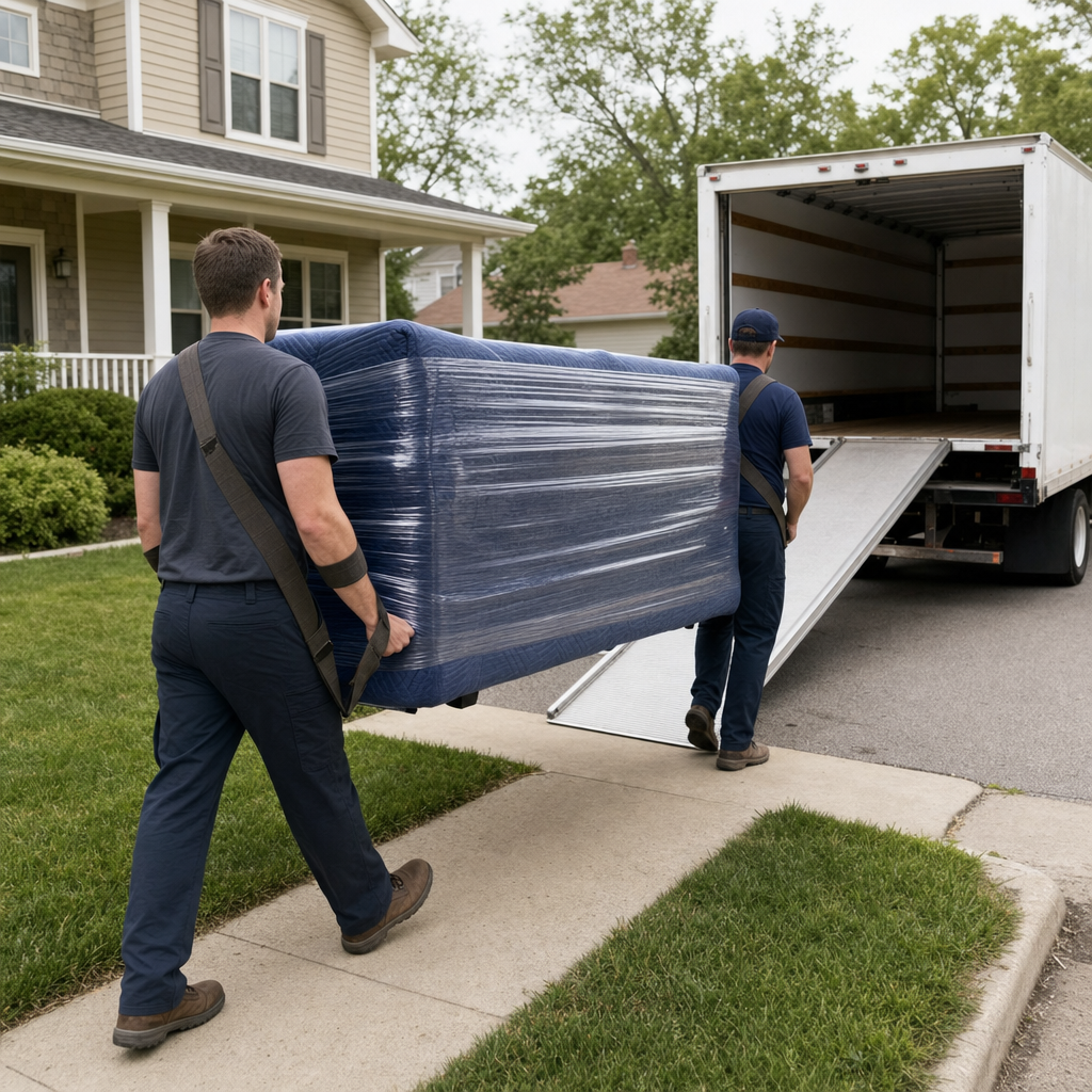 Uniformed Odessa moving crew carrying a shrink-wrapped sofa down a residential walkway toward an open box-truck ramp