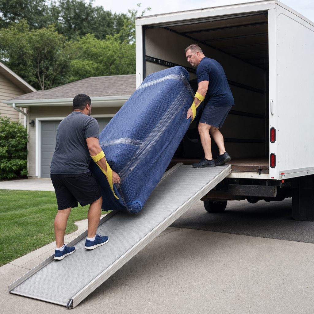 Two uniformed Odessa movers loading wrapped furniture into a rental box truck in a suburban driveway, using hi-vis yellow lifting straps and e-track securing