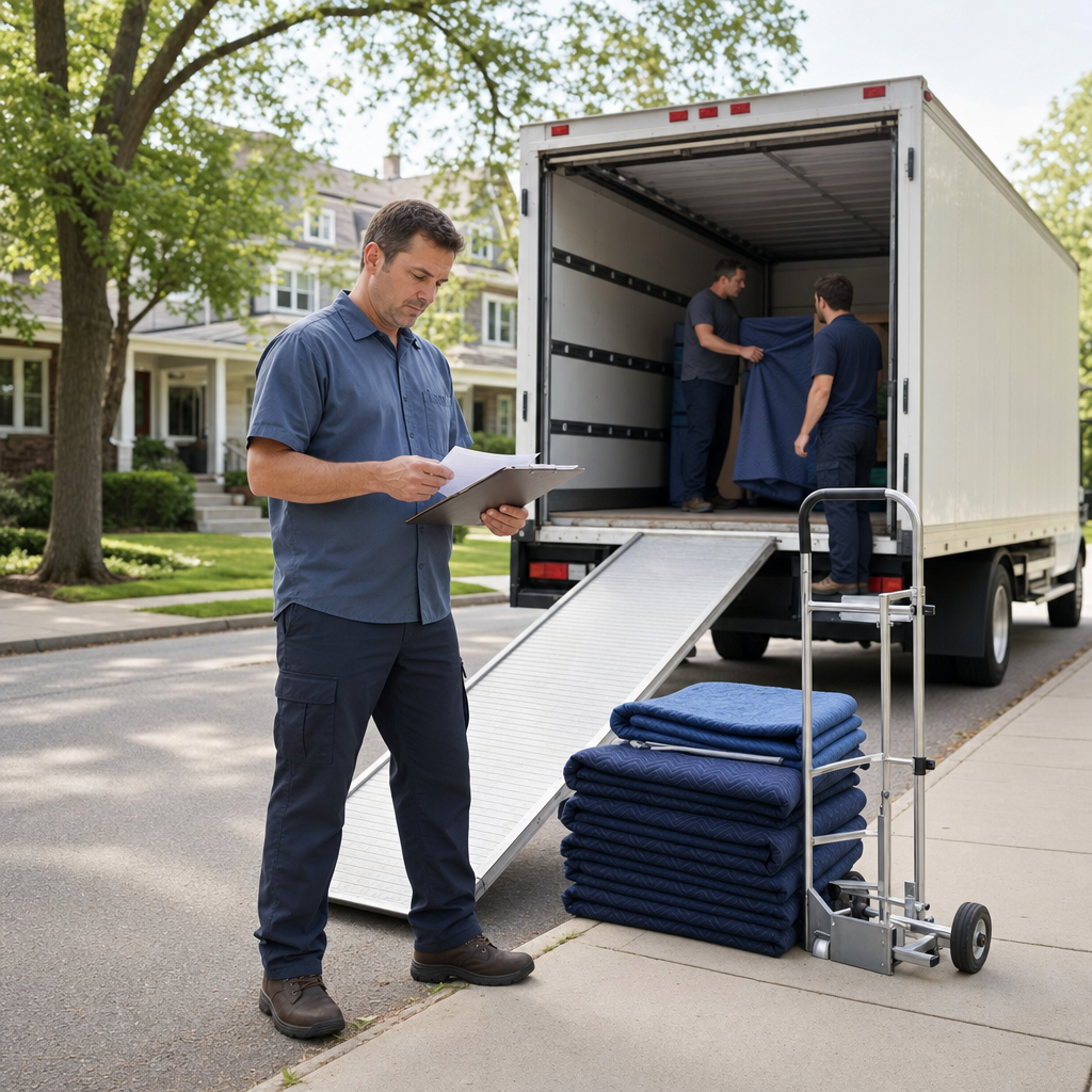 Odessa moving crew lead reviewing a written quote on a clipboard beside the open ramp of a box truck at the curb