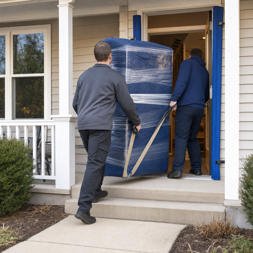 Two uniformed Odessa movers carrying a quilted-blanket-wrapped dresser through a home's front doorway with door-jamb protection in place
